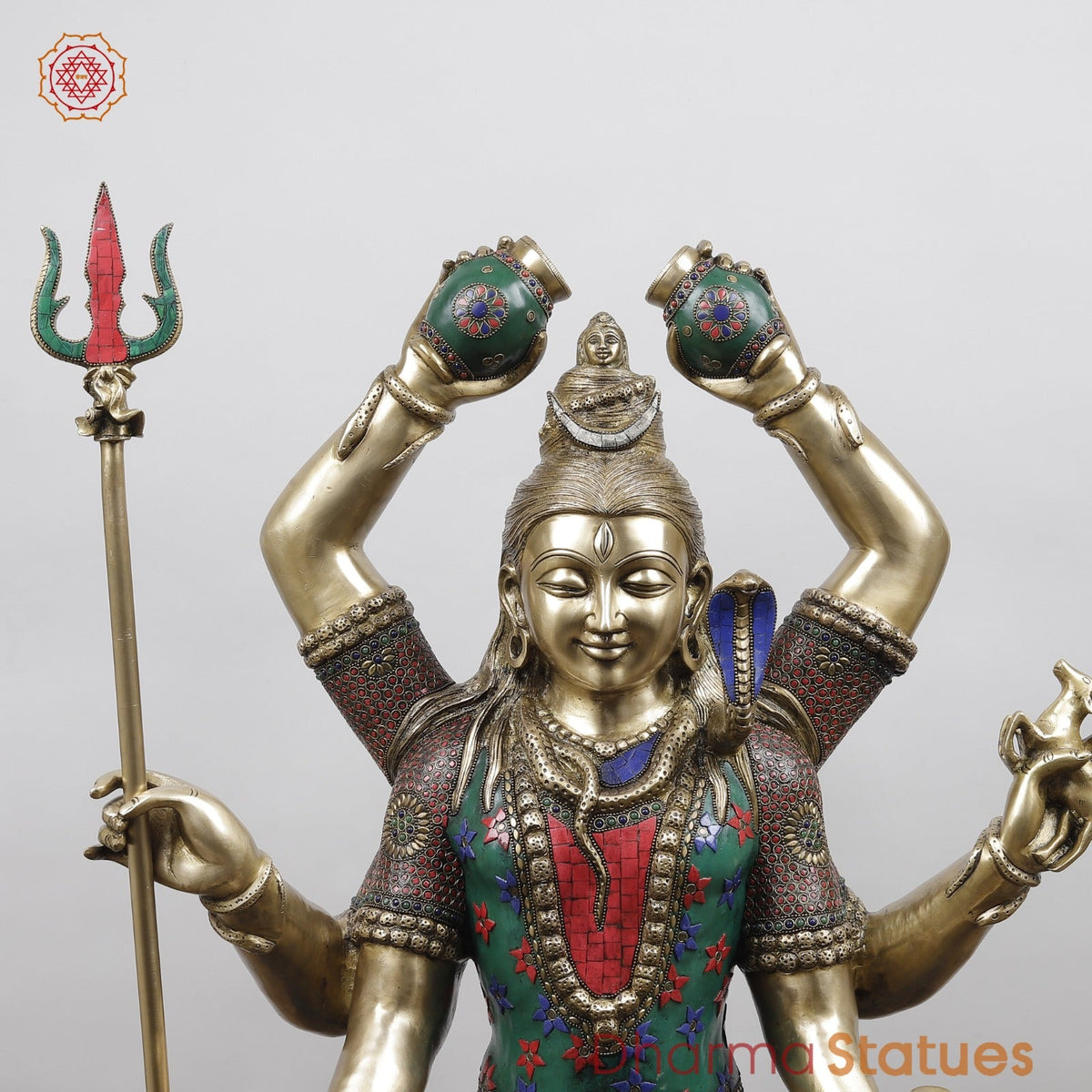 Brass Mahamritunjay Shiva Seated With 6 Hands, Stone Work 32”