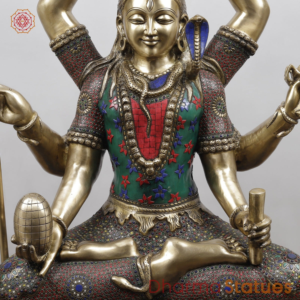 Brass Mahamritunjay Shiva Seated With 6 Hands, Stone Work 32”