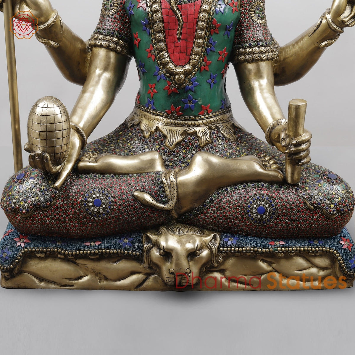 Brass Mahamritunjay Shiva Seated With 6 Hands, Stone Work 32”