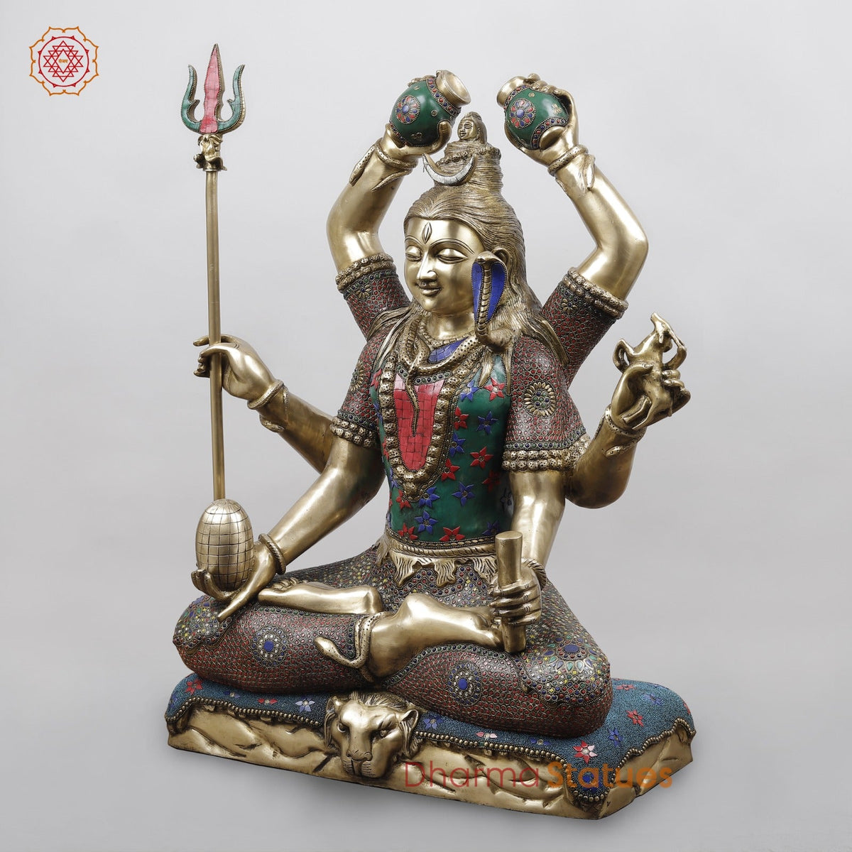 Brass Mahamritunjay Shiva Seated With 6 Hands, Stone Work 32”