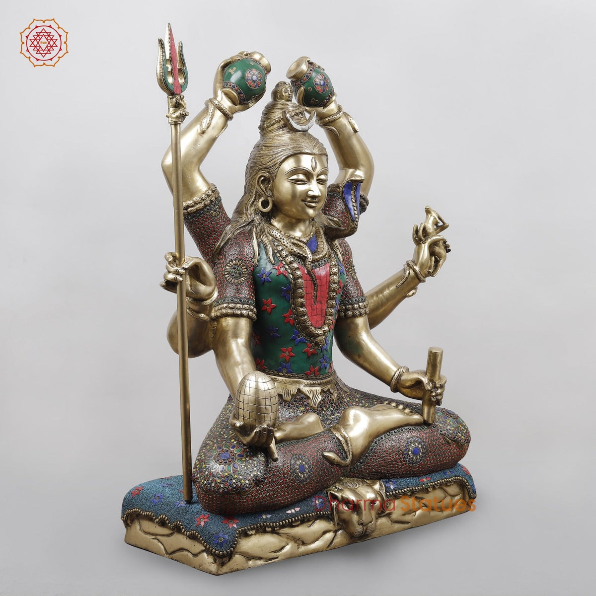 Brass Mahamritunjay Shiva Seated With 6 Hands, Stone Work 32”
