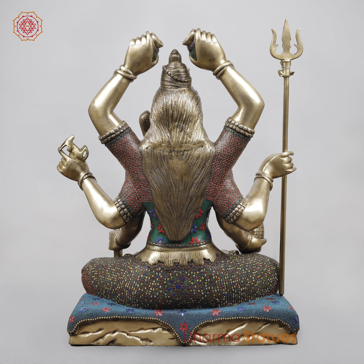 Brass Mahamritunjay Shiva Seated With 6 Hands, Stone Work 32”