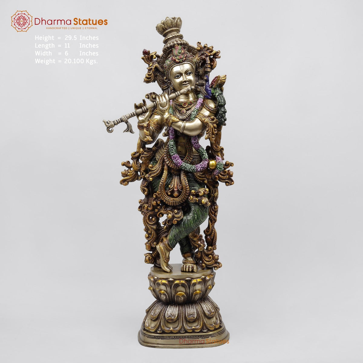 Brass Krishna Standing Fine Carving, Colorful finish 30”