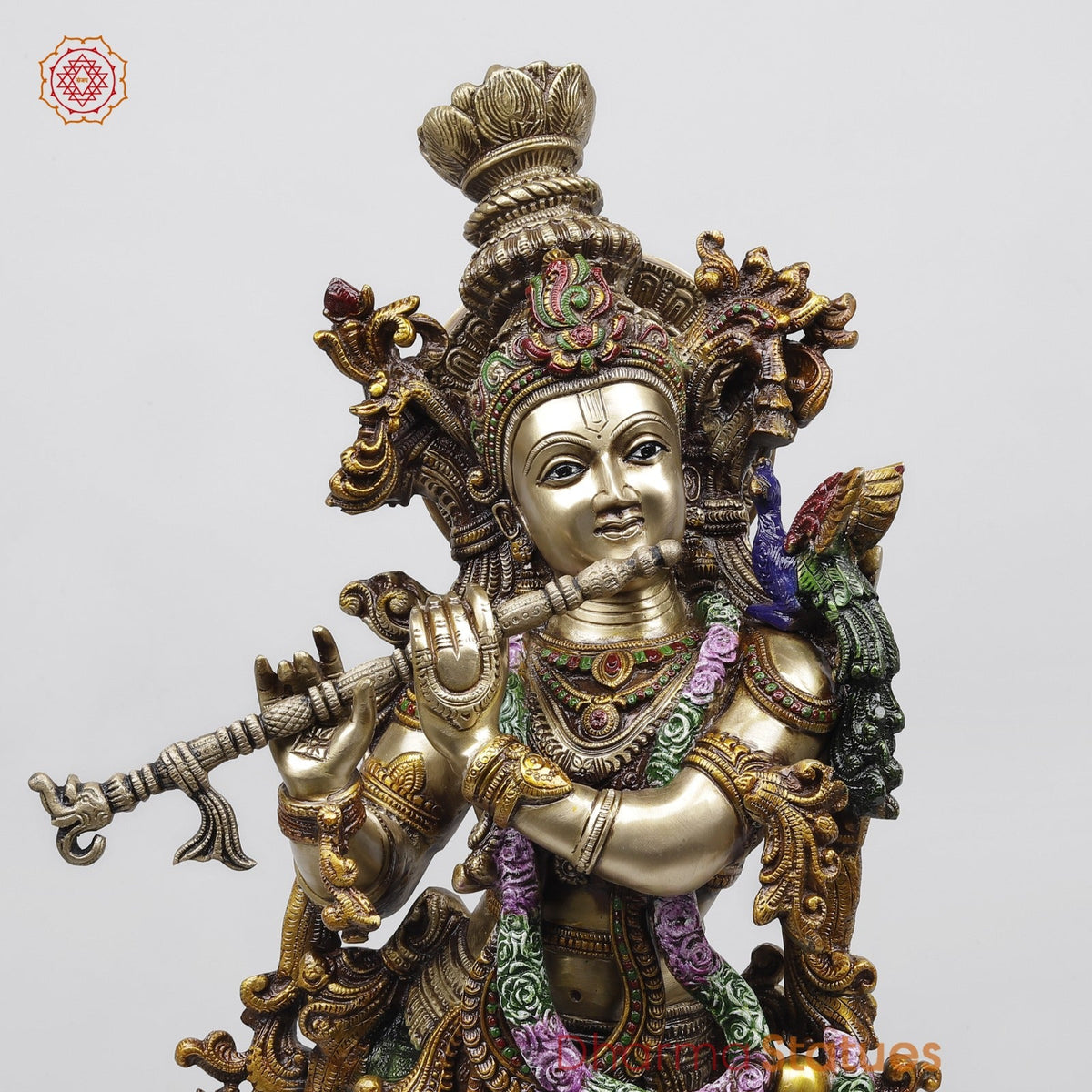 Brass Krishna Standing Fine Carving, Colorful finish 30”