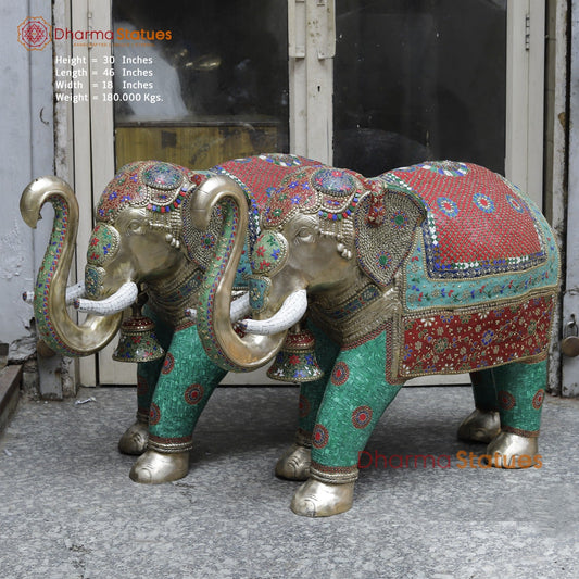Brass Elephants Standing Fine, Stone Work 46”