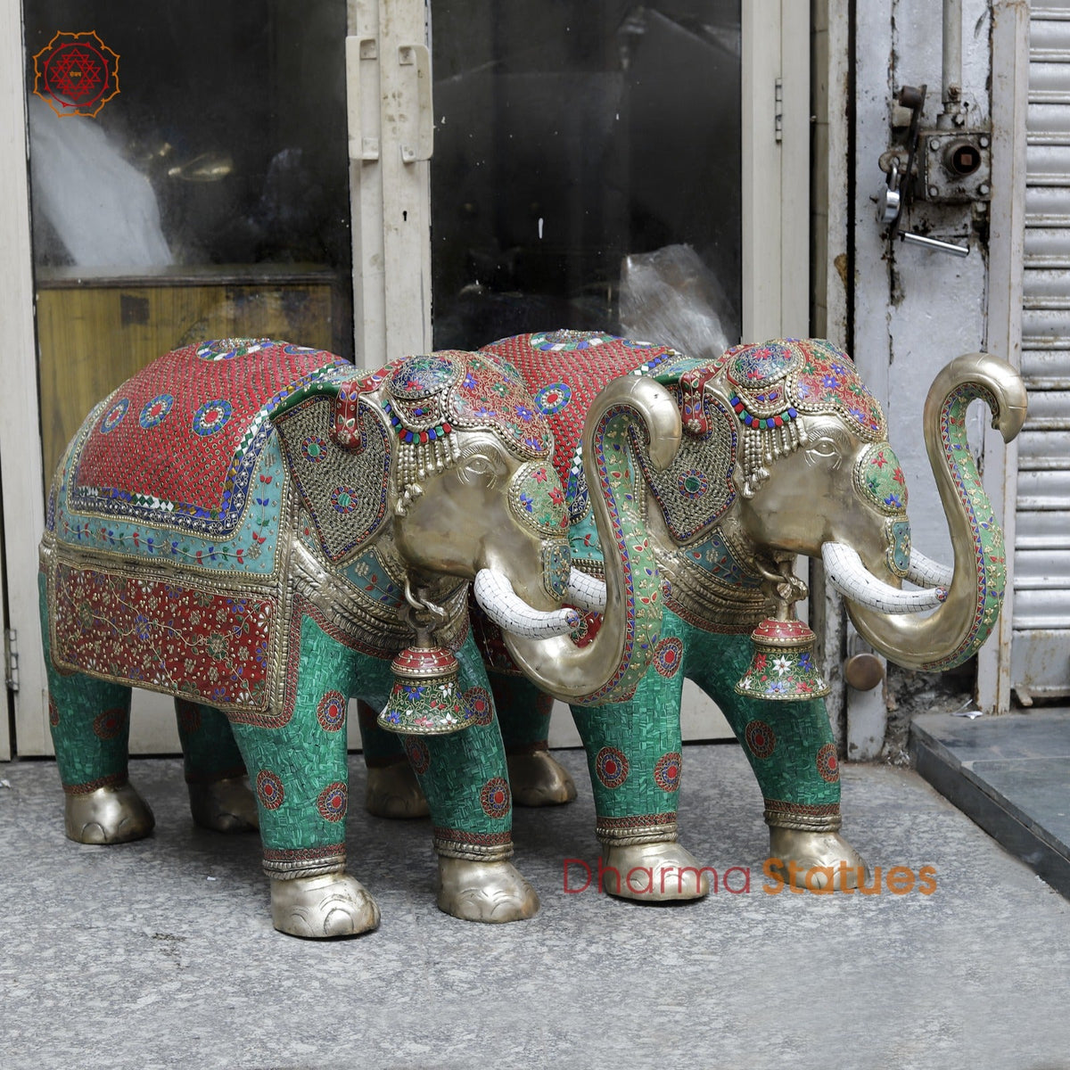 Brass Elephants Standing Fine, Stone Work 46”