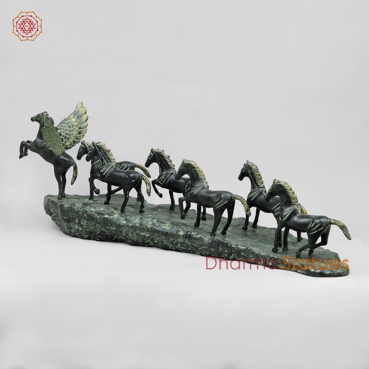 Brass Lucky 7 Horses Fine , Antique Green Finish 34” (Vastu Approved)
