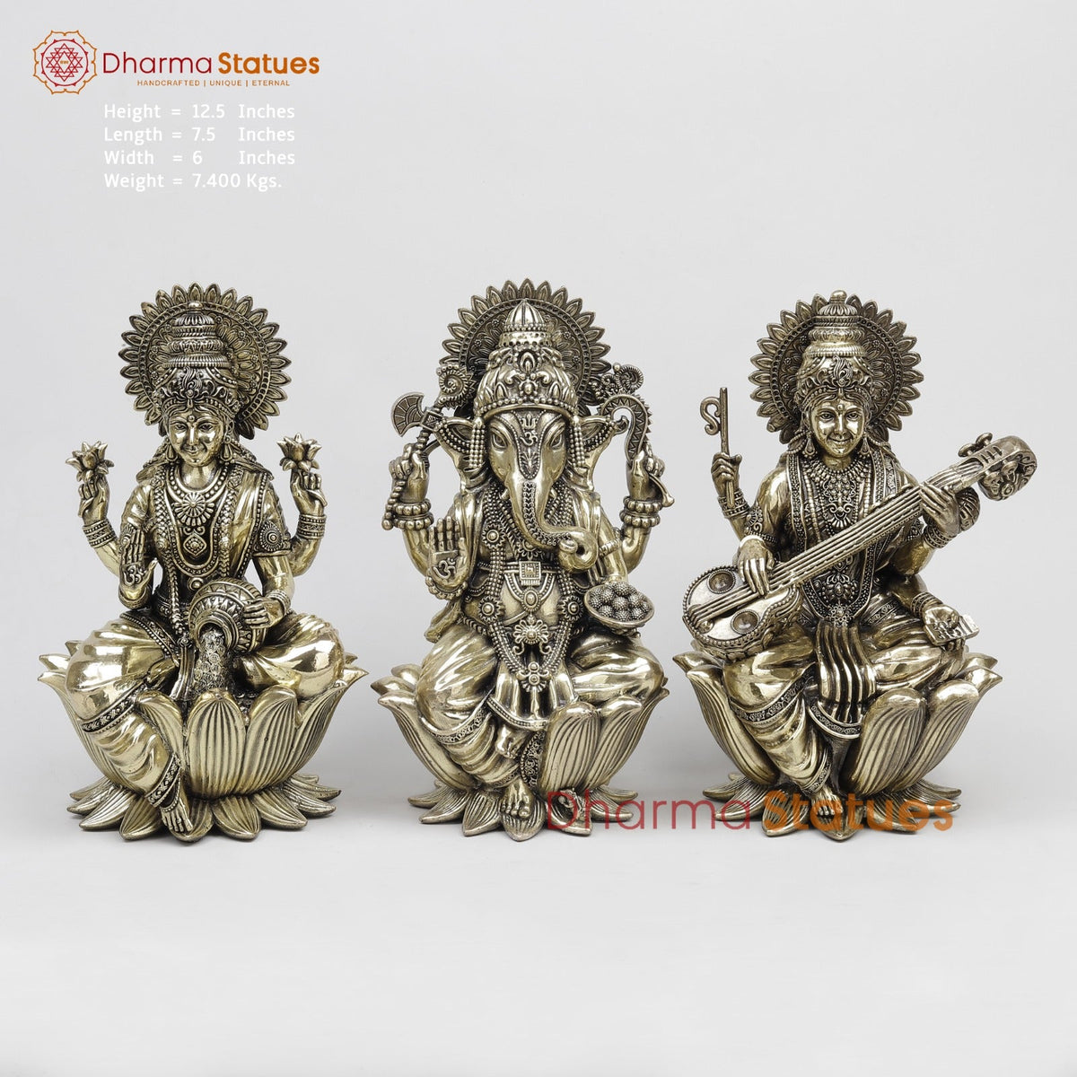 Brass Auspicious Ganesh, Lakshmi, Saraswati Set Fine 12.5”
