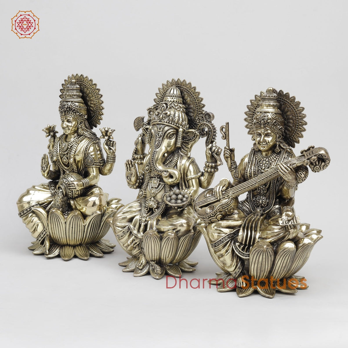 Brass Auspicious Ganesh, Lakshmi, Saraswati Set Fine 12.5”