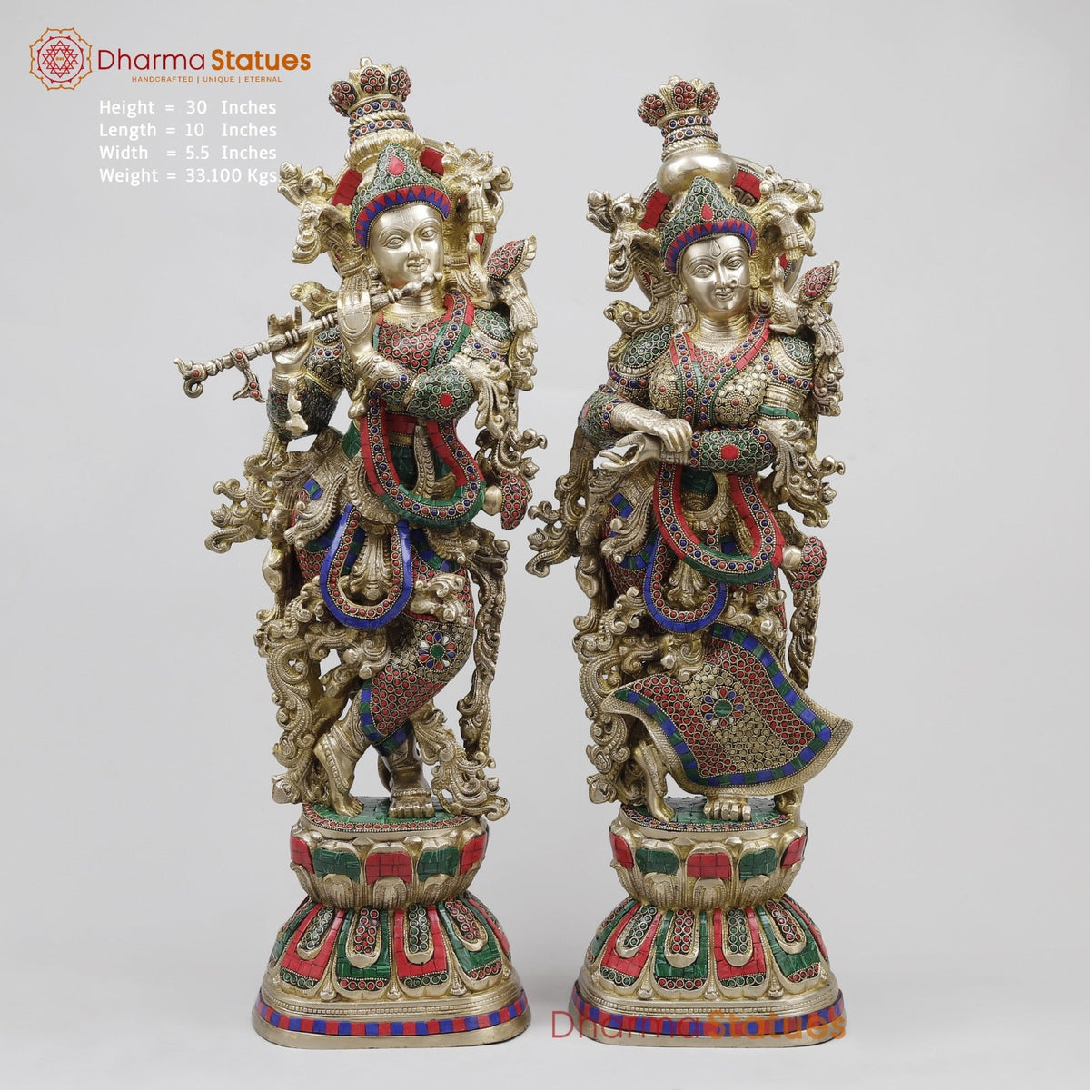 Brass Radha Krishna Standing Fine, Stone Work 30”