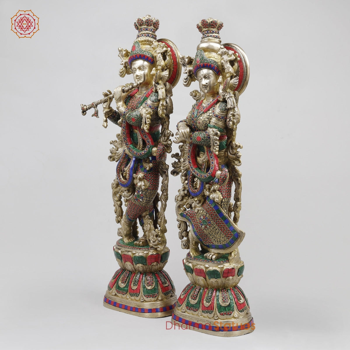 Brass Radha Krishna Standing Fine, Stone Work 30”