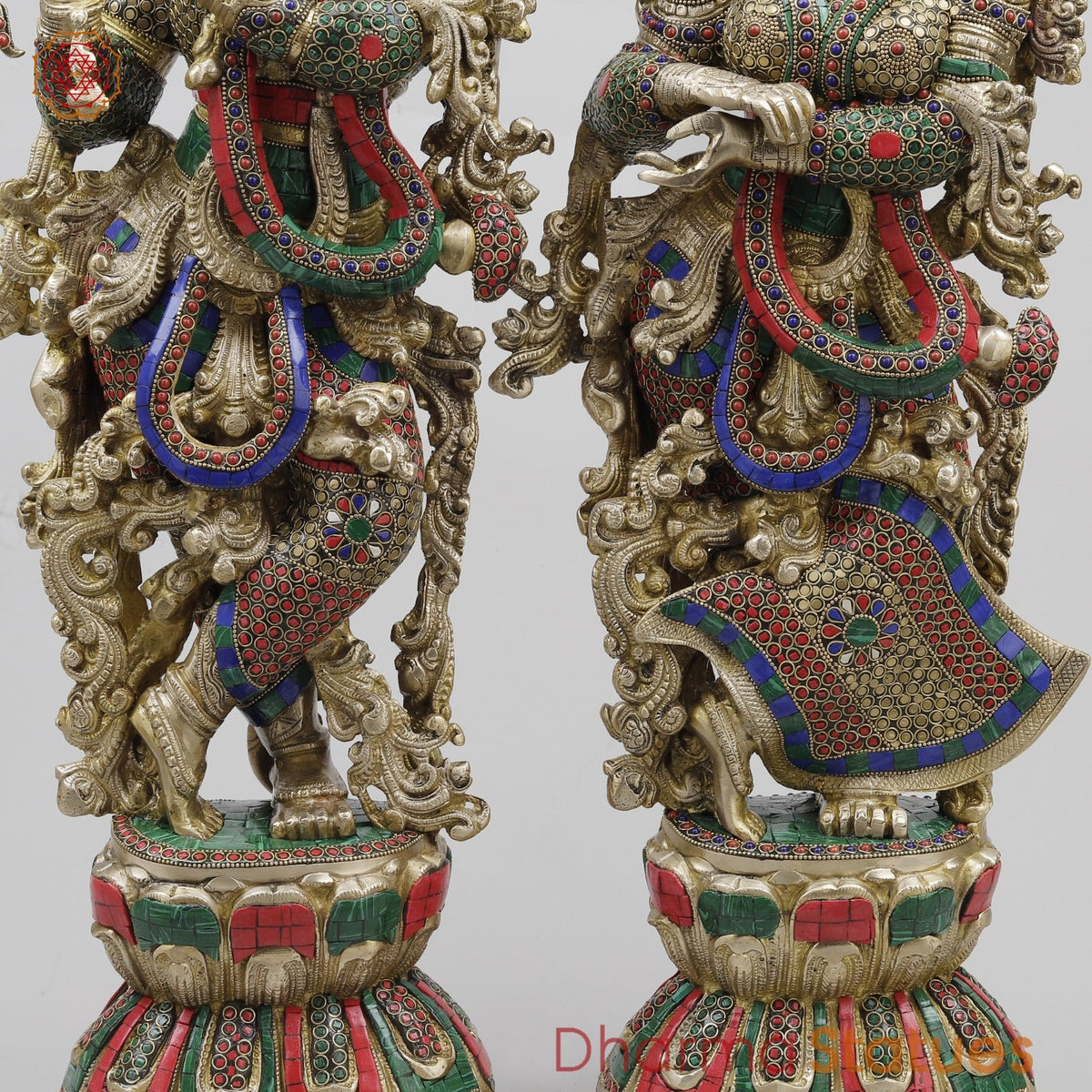 Brass Radha Krishna Standing Fine, Stone Work 30”