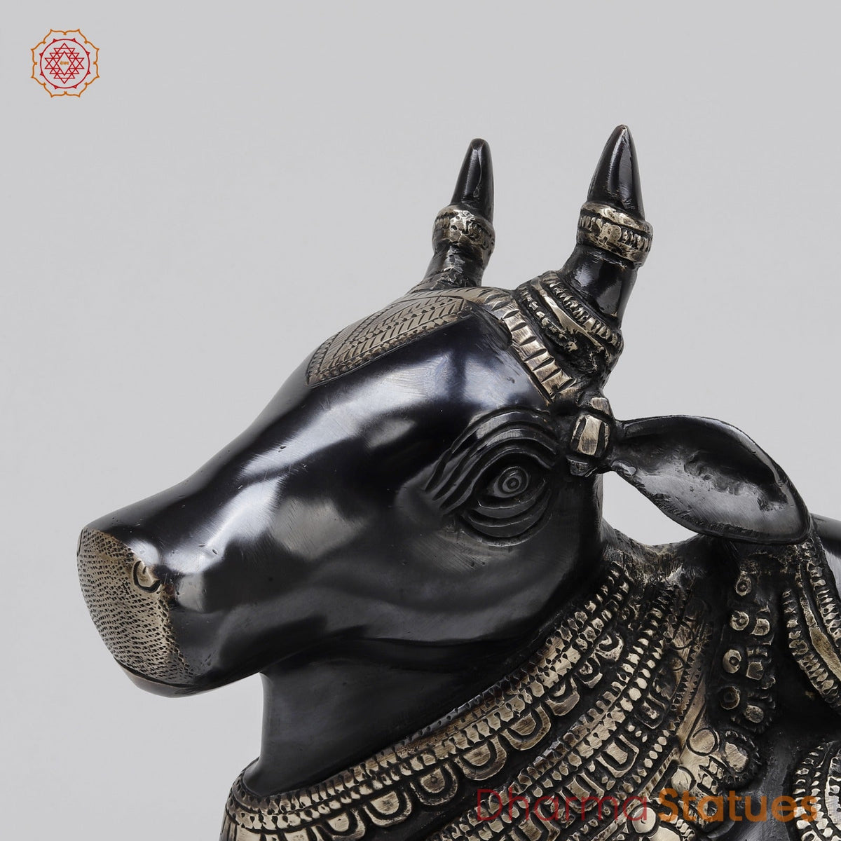 Brass Nandi Seated With Fine Carving, Royal Black Finish 12”