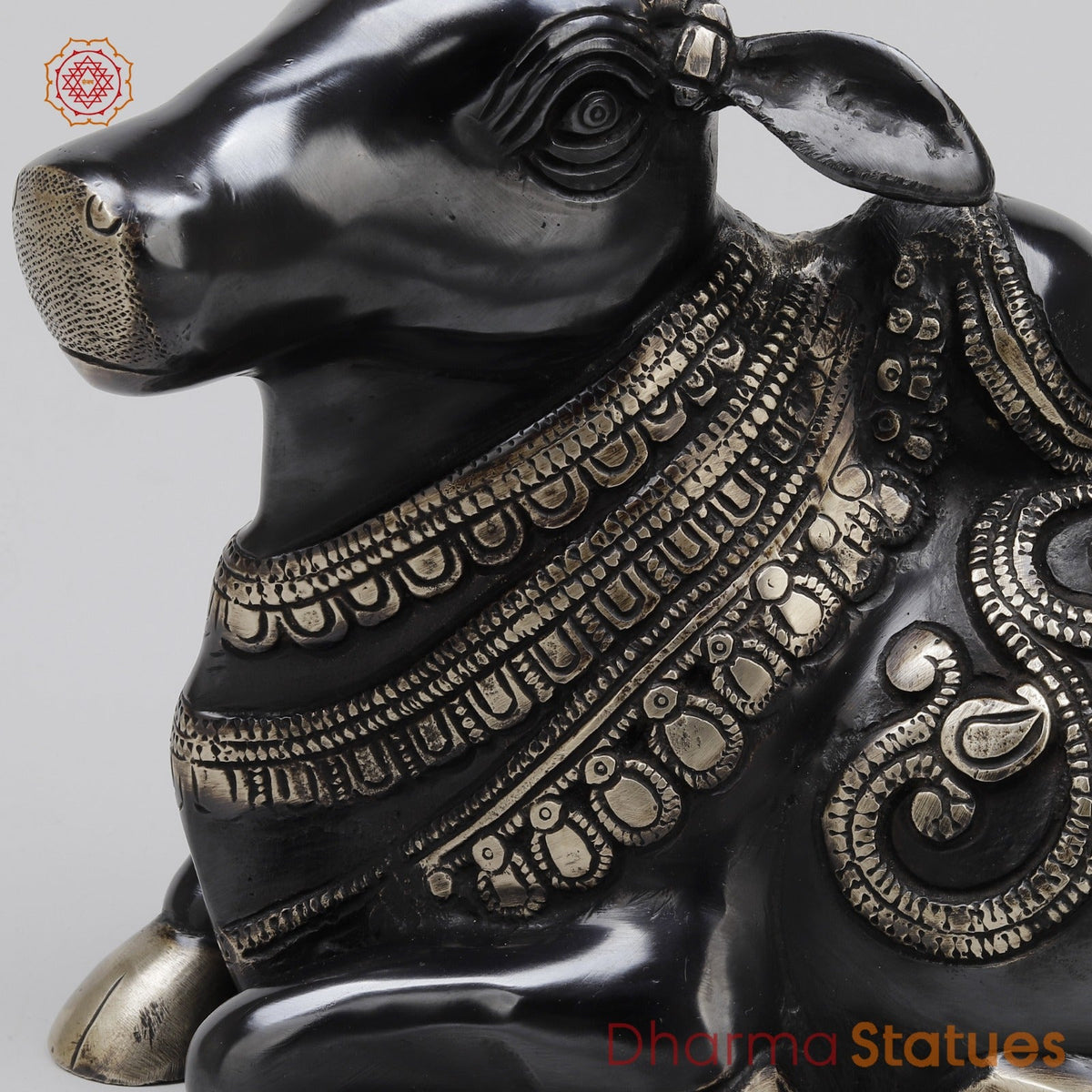 Brass Nandi Seated With Fine Carving, Royal Black Finish 12”