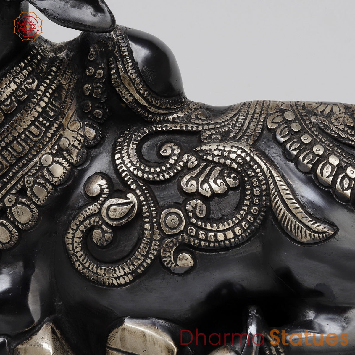 Brass Nandi Seated With Fine Carving, Royal Black Finish 12”