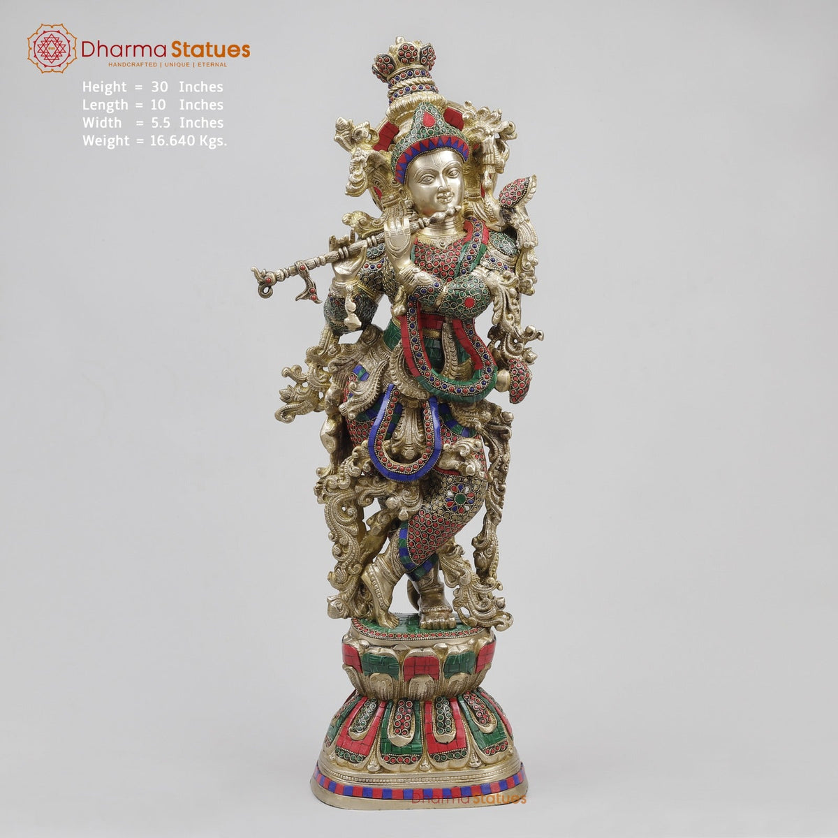 Brass Krishna Standing Fine, Stone Work 30”