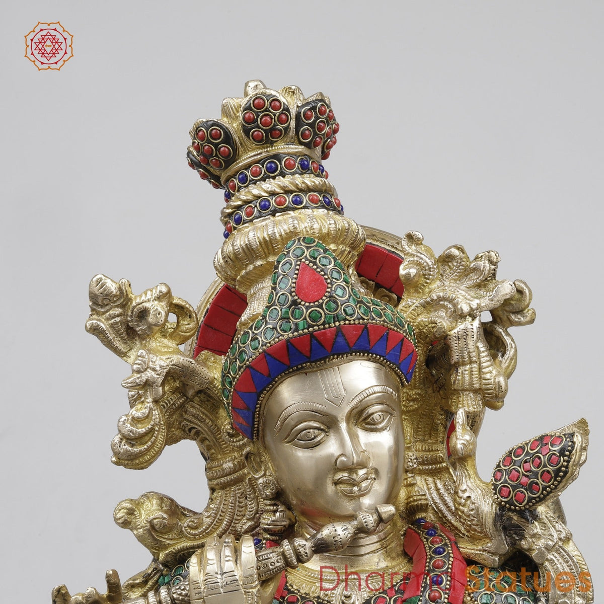 Brass Krishna Standing Fine, Stone Work 30”