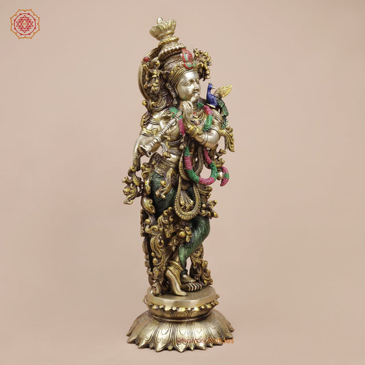 Brass Krishna on Lotus Base, Colorful Finish 26”