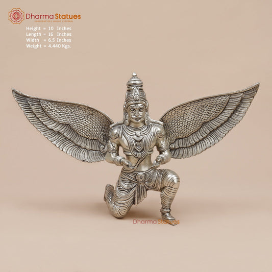Brass Garuda Seated With Open Wings Fine, Silver Coated 10”