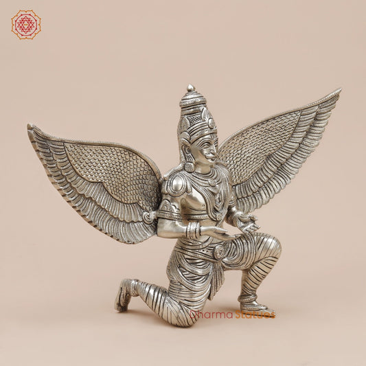 Brass Garuda Seated With Open Wings Fine, Silver Coated 10”