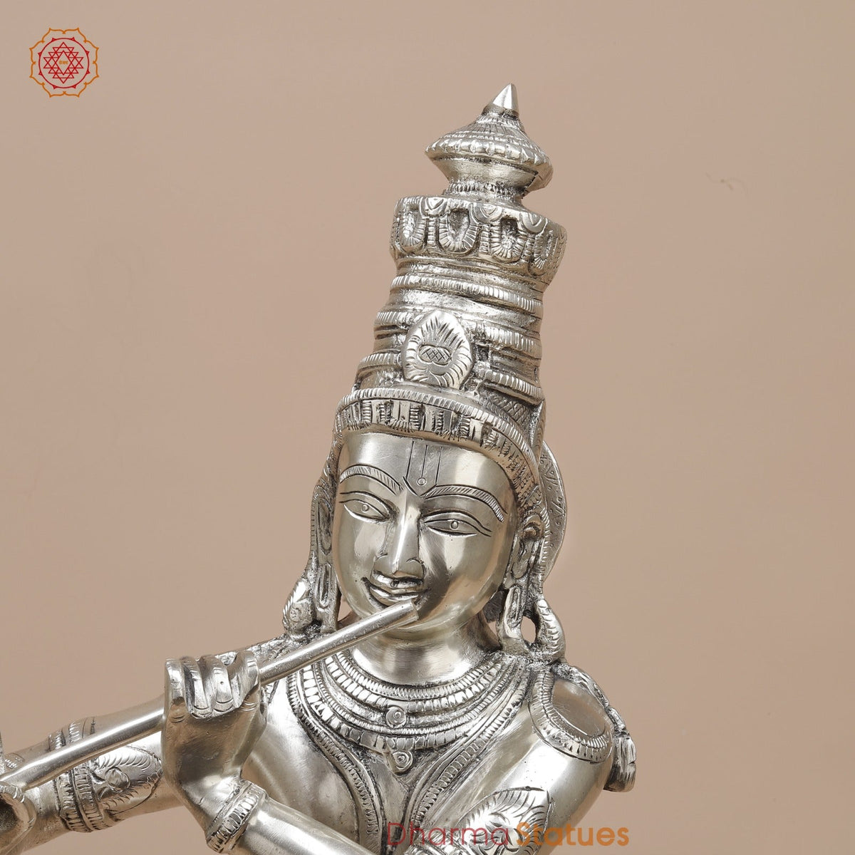Brass Krishna Standing Fine, Silver Coated 23”