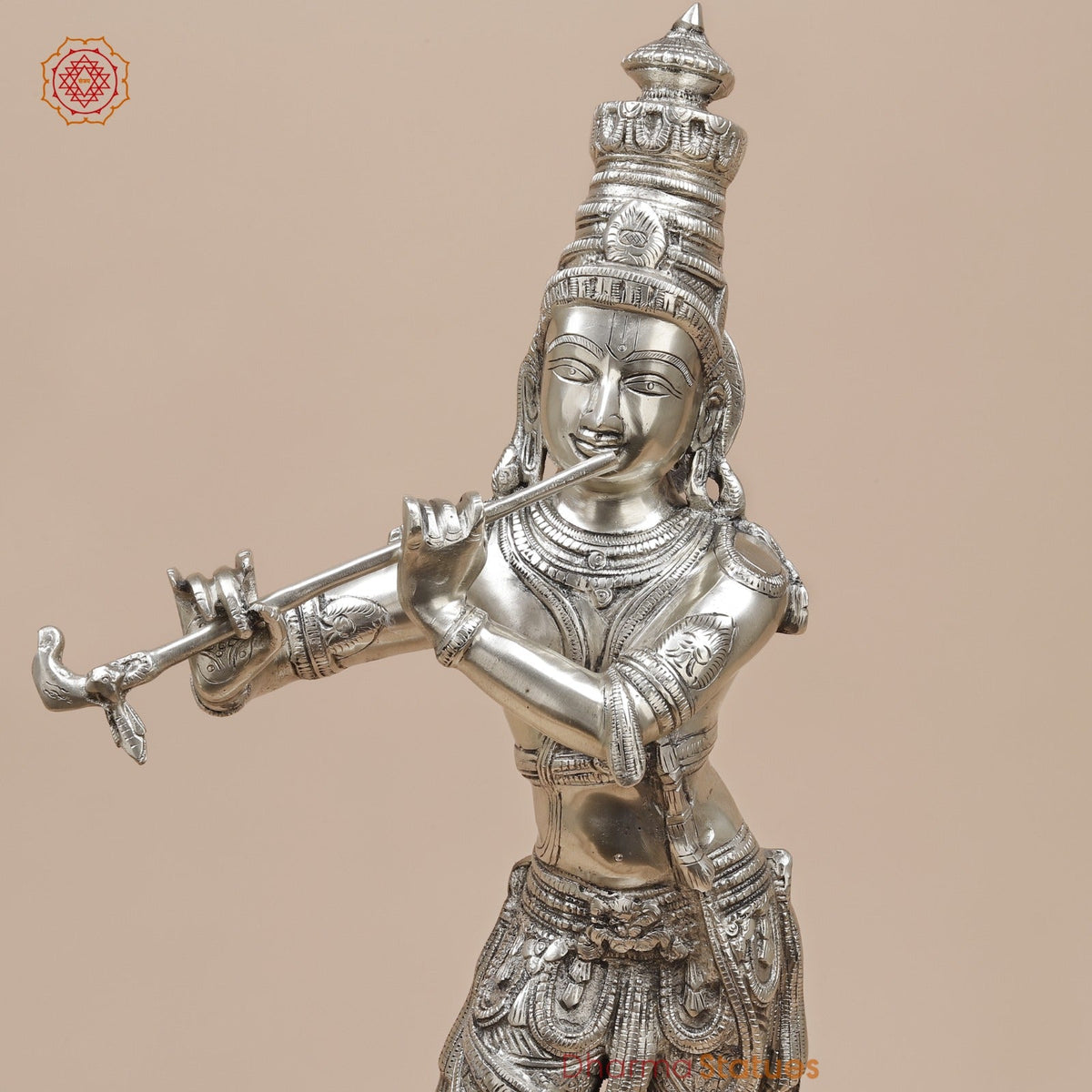 Brass Krishna Standing Fine, Silver Coated 23”