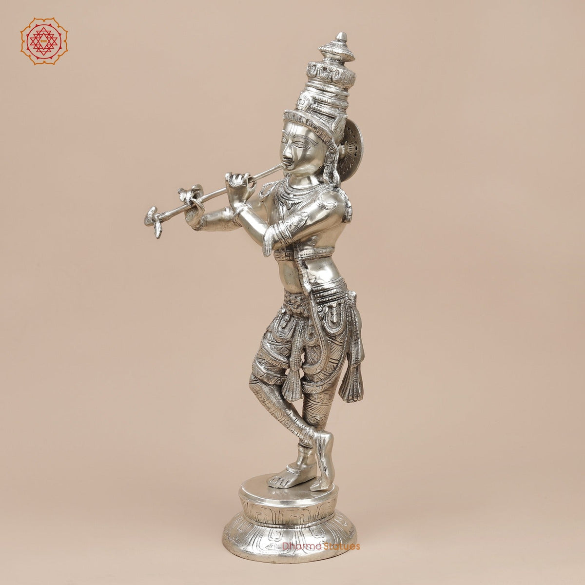Brass Krishna Standing Fine, Silver Coated 23”