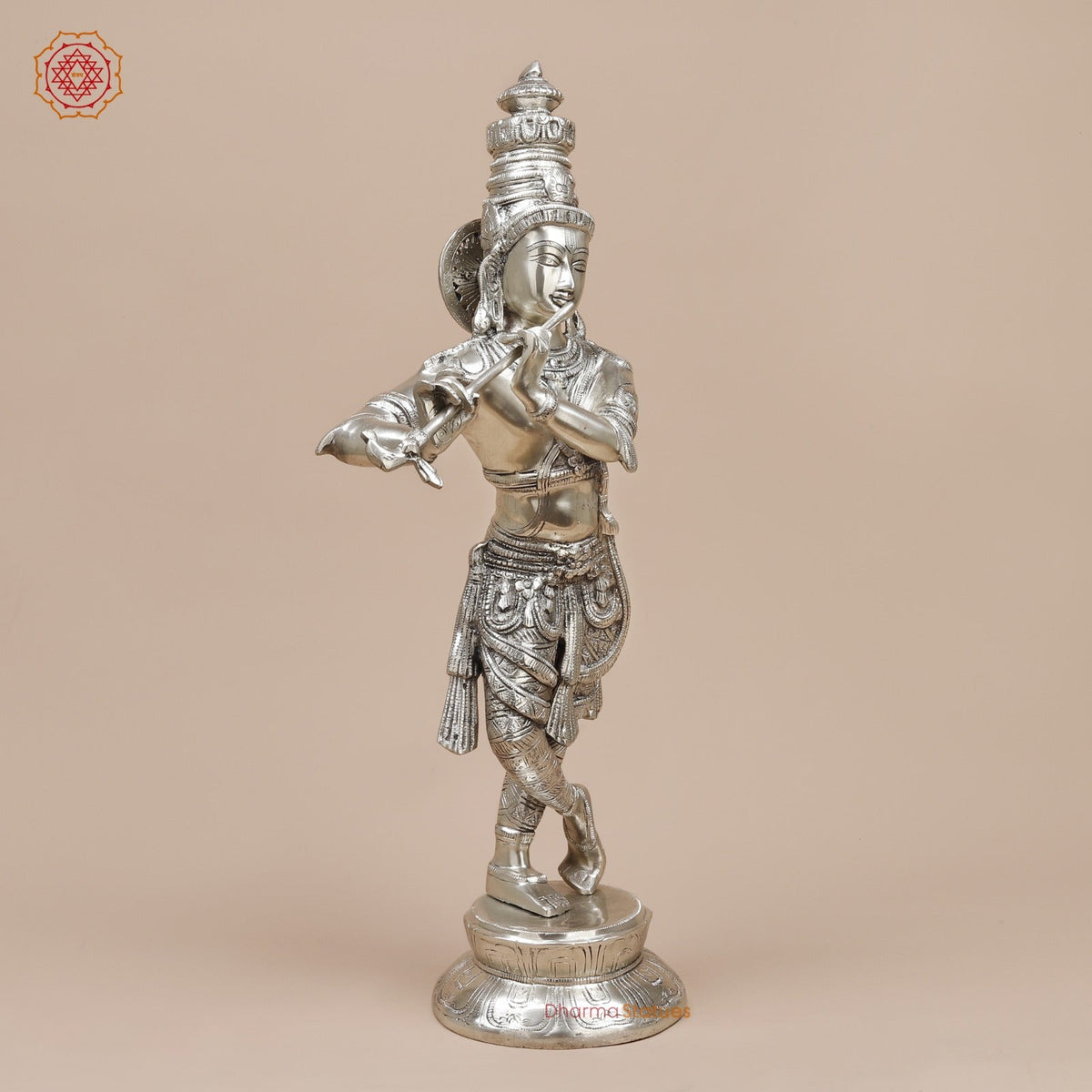 Brass Krishna Standing Fine, Silver Coated 23”