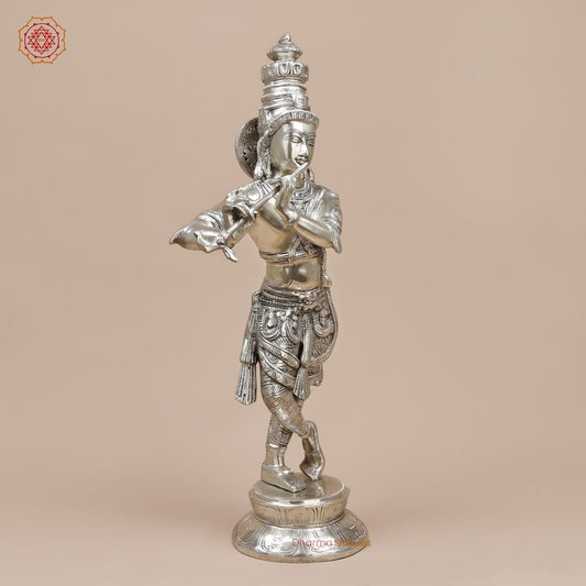 Brass Krishna Standing Fine, Silver Coated 23”