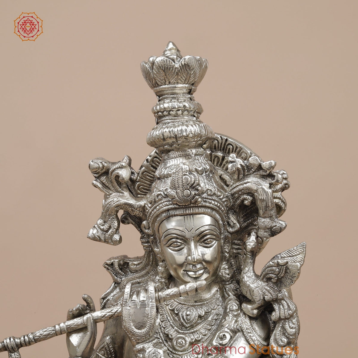 Brass Krishna Standing Fine, Silver Coated 25”
