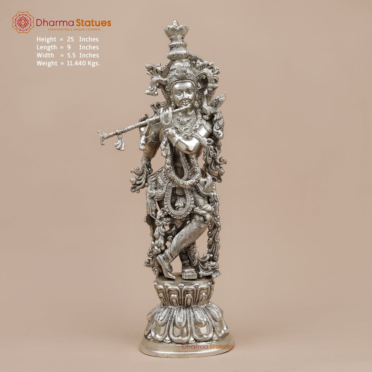 Brass Krishna Standing Fine, Silver Coated 25”