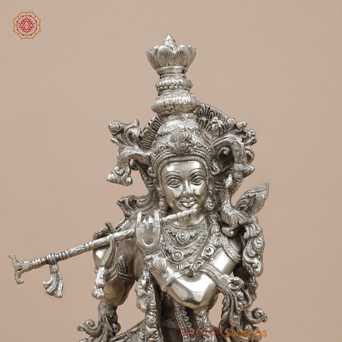 Brass Krishna Standing Fine, Silver Coated 25”