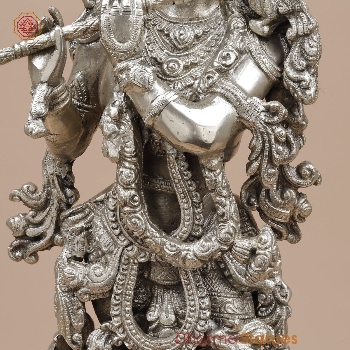 Brass Krishna Standing Fine, Silver Coated 25”