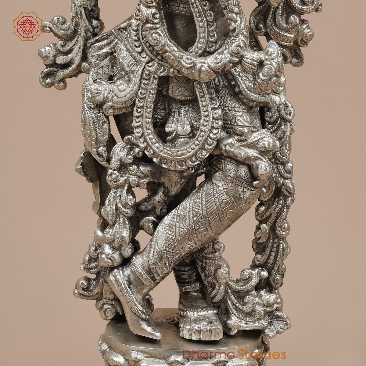 Brass Krishna Standing Fine, Silver Coated 25”