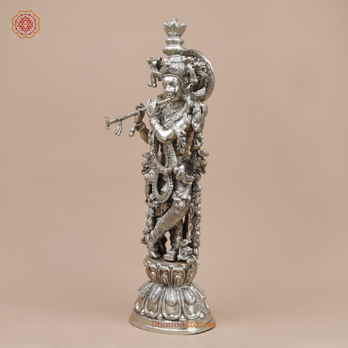 Brass Krishna Standing Fine, Silver Coated 25”