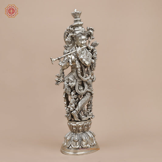 Brass Krishna Standing Fine, Silver Coated 25”