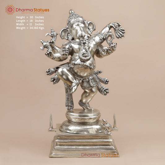 Brass Joyful Dancing Ganesh Fine, Silver Coated 30”