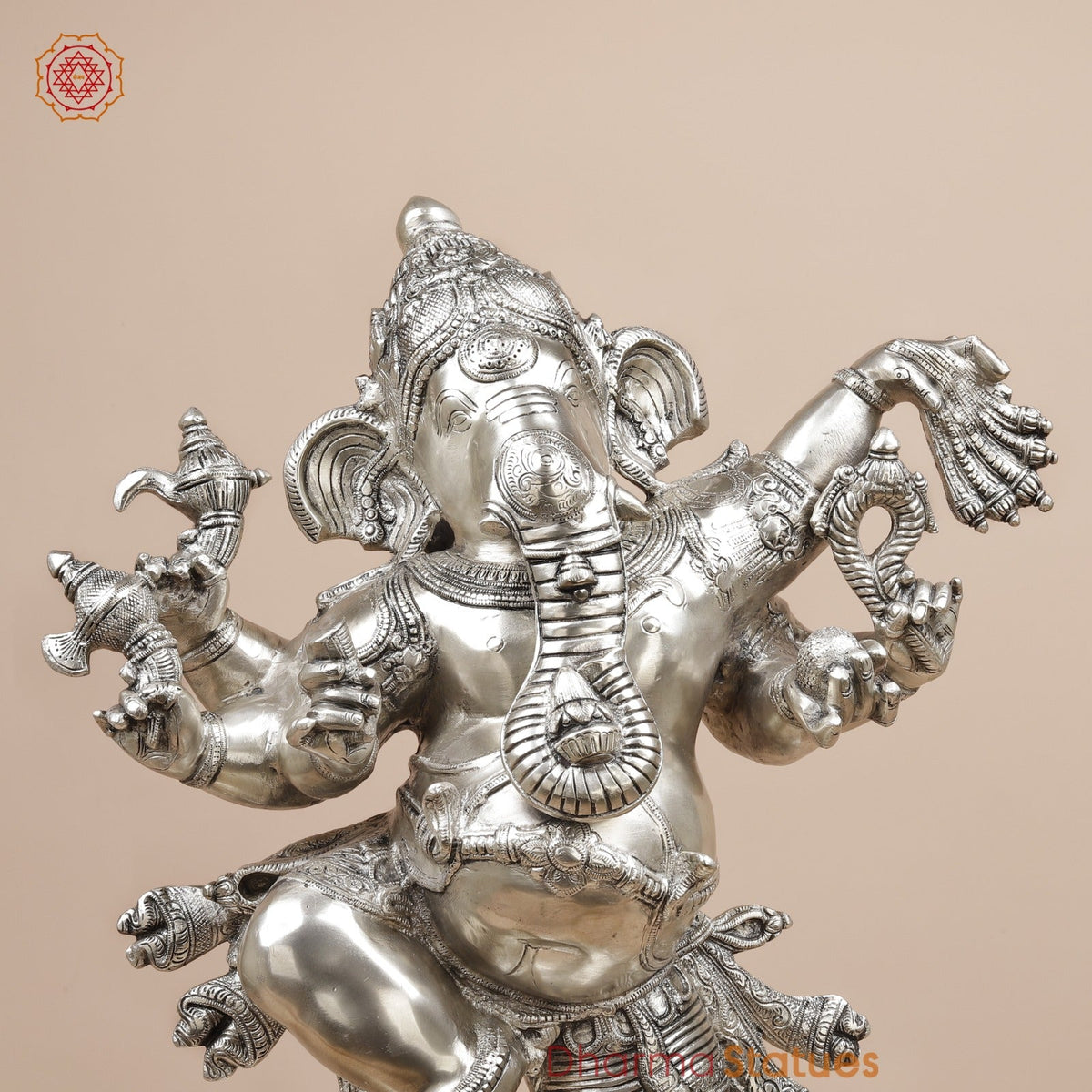 Brass Joyful Dancing Ganesh Fine, Silver Coated 30”