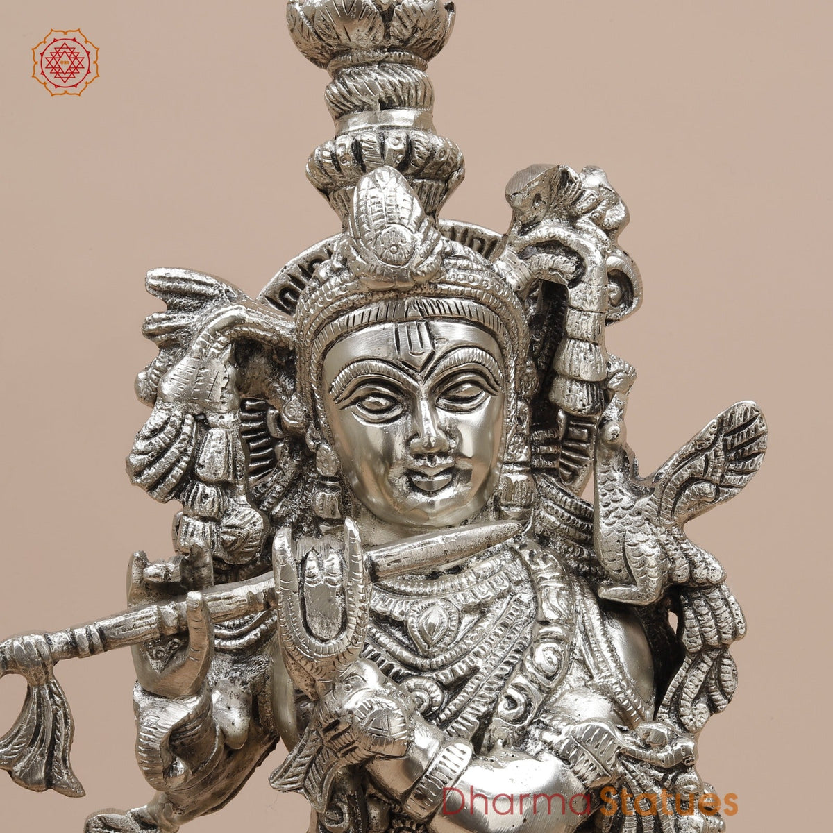 Brass Krishna Standing Fine, Silver coated 18”
