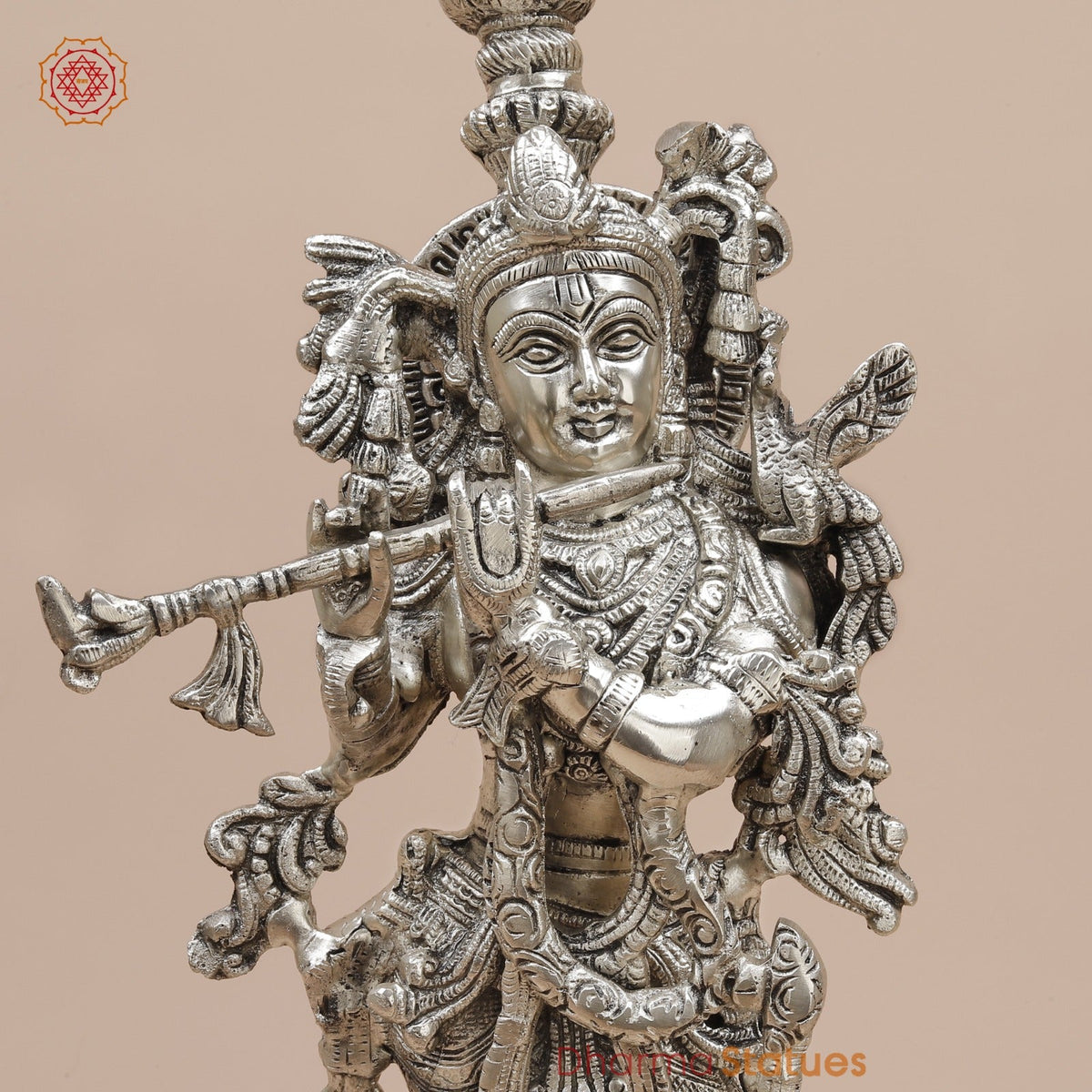 Brass Krishna Standing Fine, Silver coated 18”