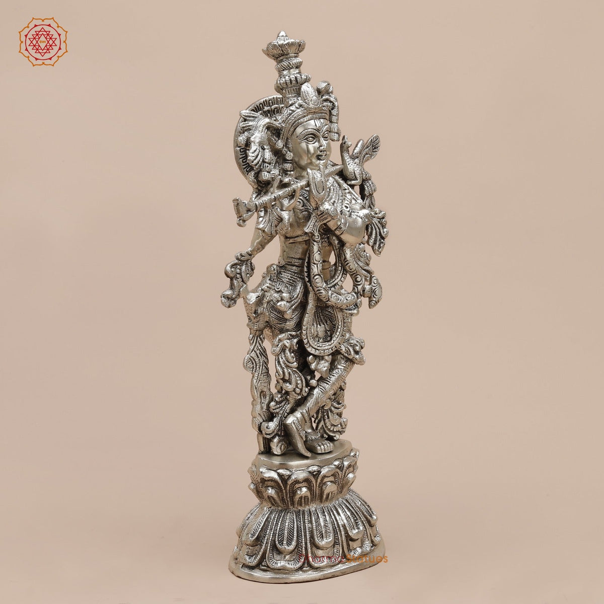 Brass Krishna Standing Fine, Silver coated 18”