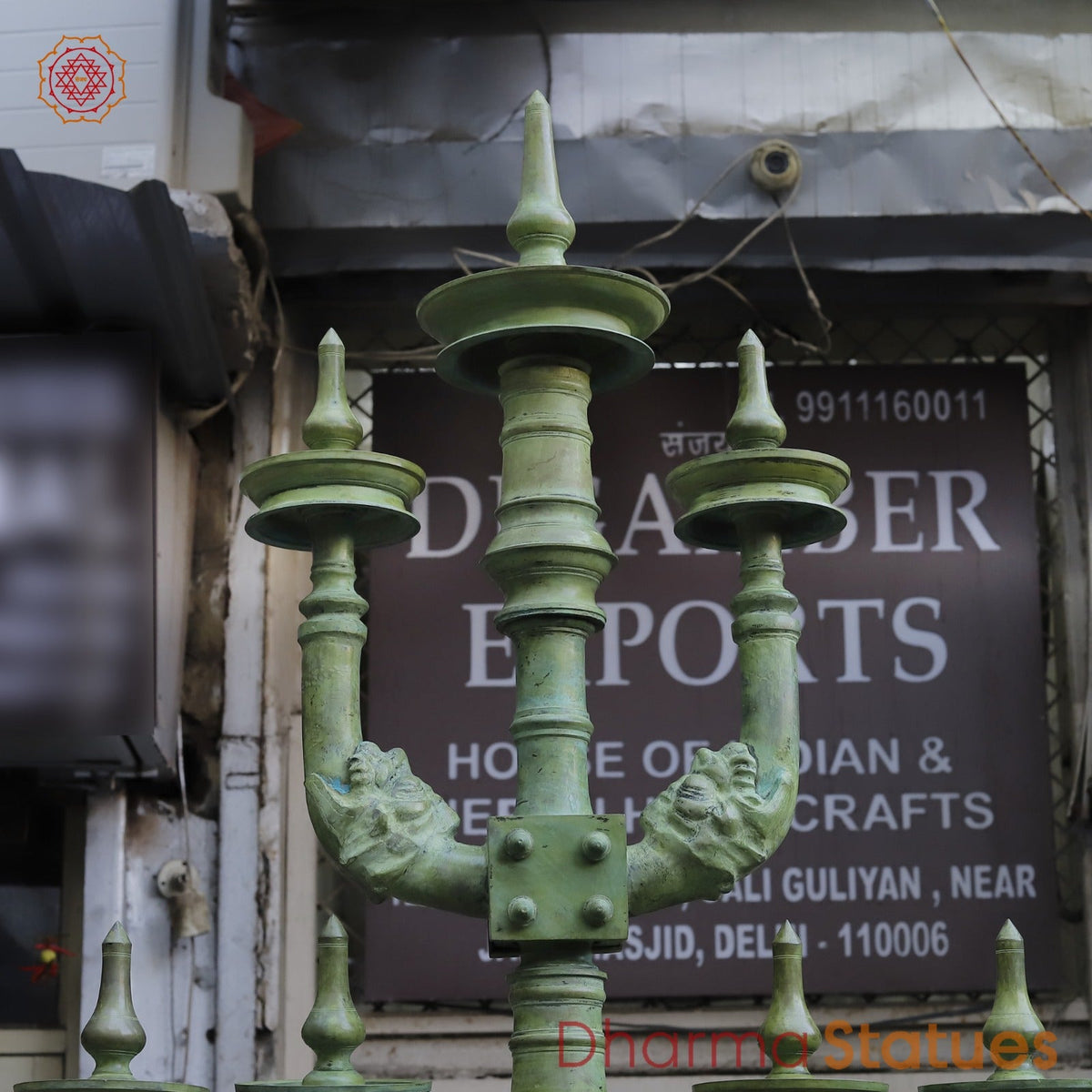 Brass Kerela Lamp Fine With Multiple Branches and Diya, Natural Green Patina 117”