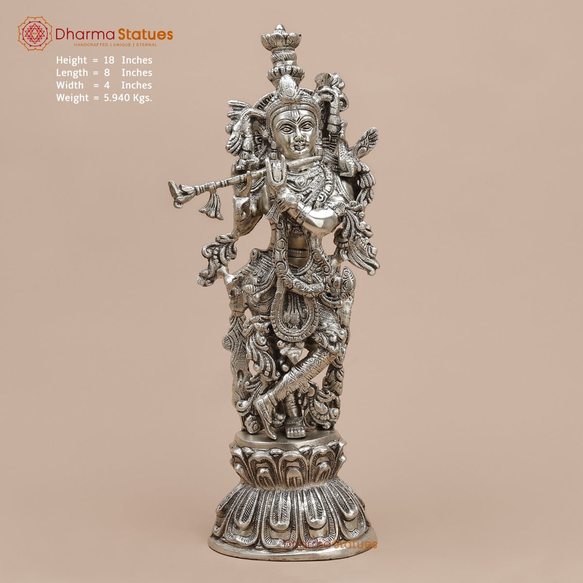 Brass Krishna Standing Fine, Silver coated 18”