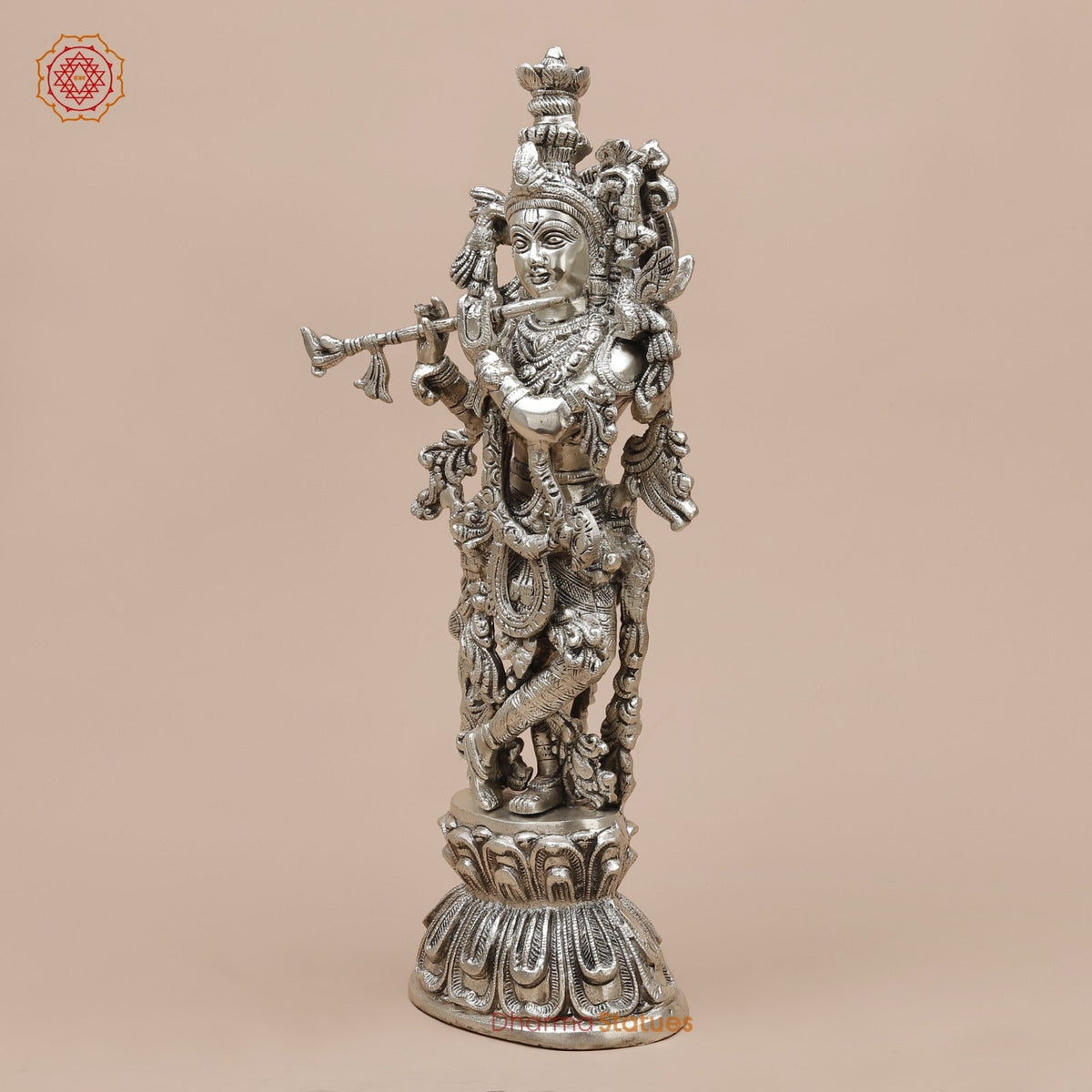 Brass Krishna Standing Fine, Silver coated 18”