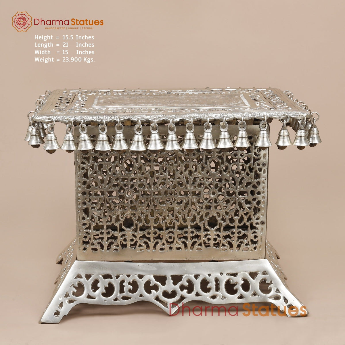 Brass Pedestal With Bells and Jali cut Work Fine, Silver Coated 16”