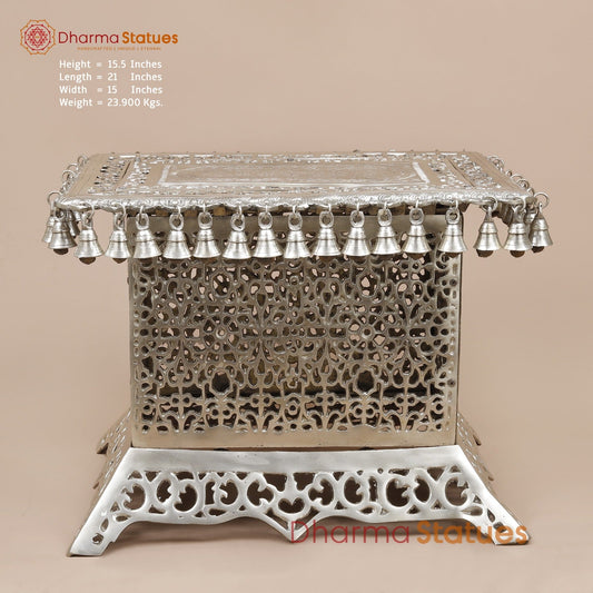 Brass Pedestal With Bells and Jali cut Work Fine, Silver Coated 16”