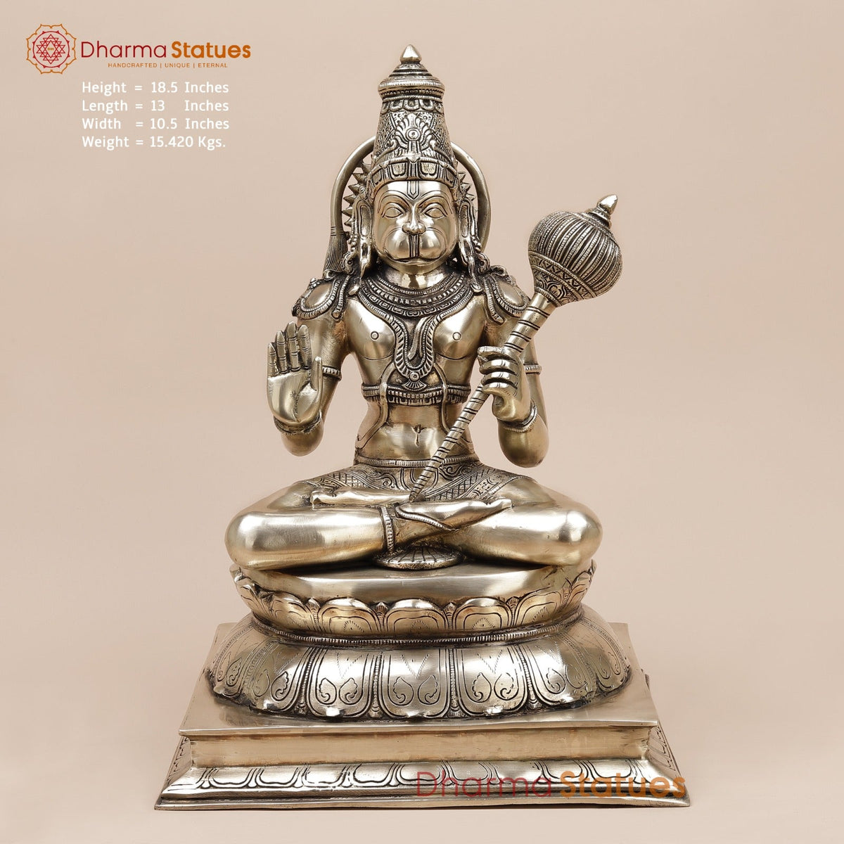 Brass Hanuman Ji seated Fine, Smooth Finish 19”