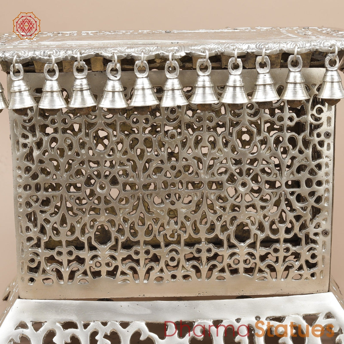 Brass Pedestal With Bells and Jali cut Work Fine, Silver Coated 16”