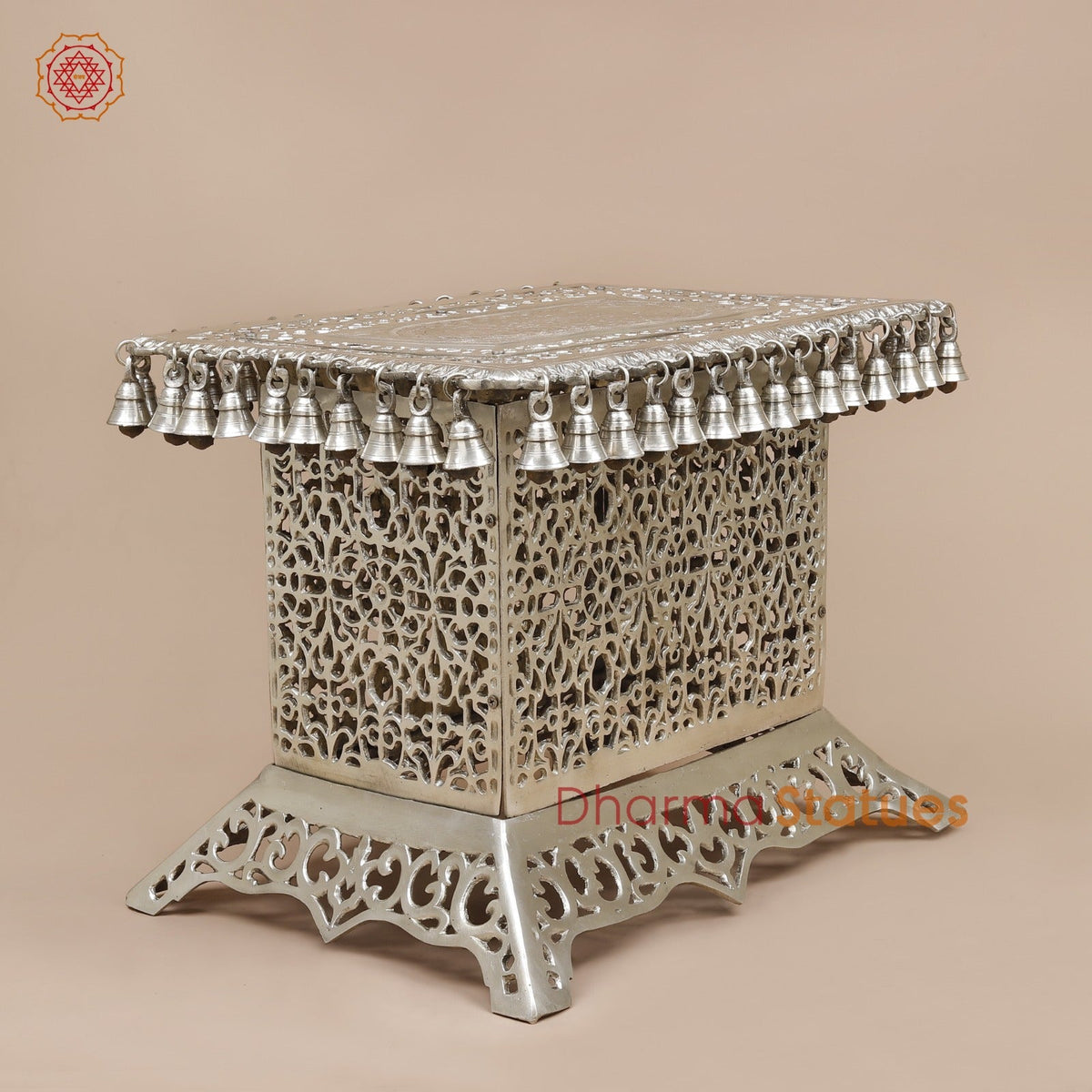 Brass Pedestal With Bells and Jali cut Work Fine, Silver Coated 16”