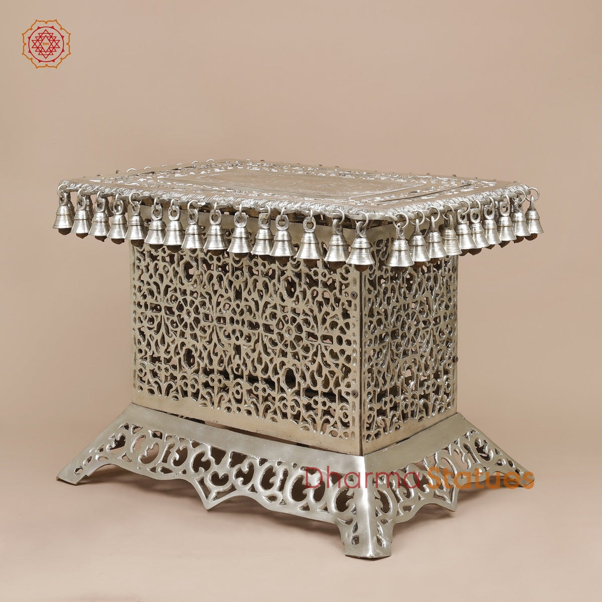 Brass Pedestal With Bells and Jali cut Work Fine, Silver Coated 16”